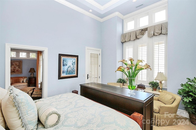 bedroom featuring ornamental molding and a high ceiling