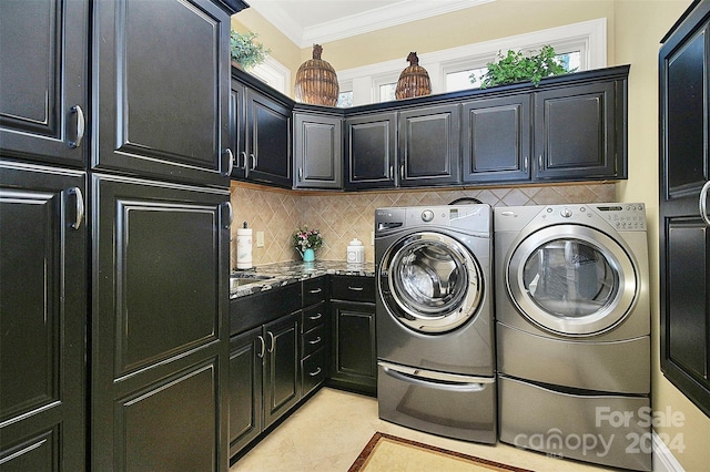 washroom with independent washer and dryer, cabinets, ornamental molding, and light tile floors