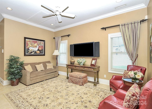 living room featuring ceiling fan, crown molding, and light tile floors