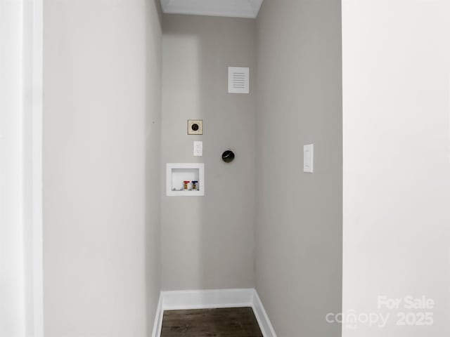 clothes washing area with hardwood / wood-style floors, hookup for a washing machine, and hookup for an electric dryer