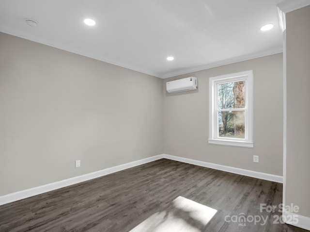 empty room with dark hardwood / wood-style flooring, crown molding, and a wall mounted air conditioner