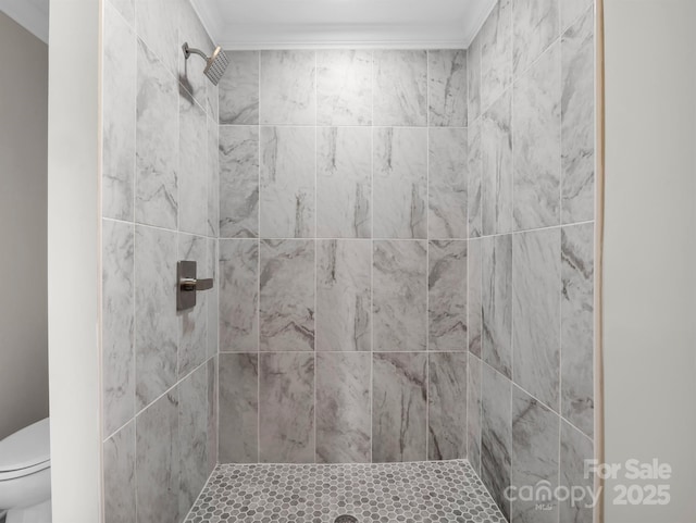 bathroom with toilet, crown molding, and tiled shower