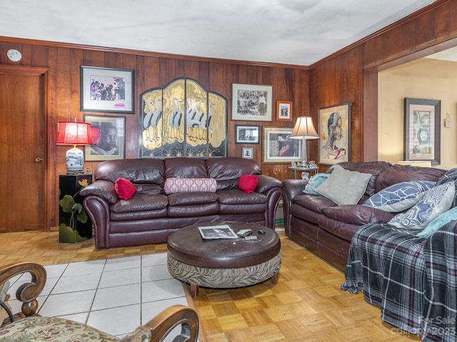 living room with wooden walls