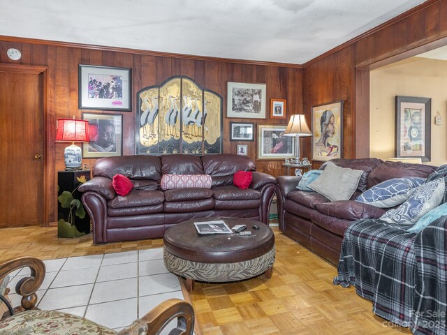 living room featuring wood walls