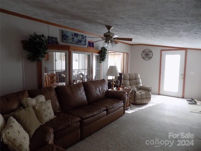 living room featuring a wealth of natural light, a textured ceiling, ceiling fan, and carpet floors