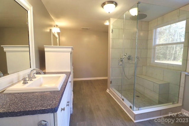 bathroom featuring vanity, wood-type flooring, and a shower with door