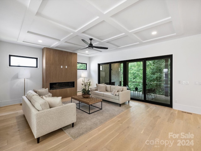 living room with light hardwood / wood-style flooring, a fireplace, coffered ceiling, and ceiling fan