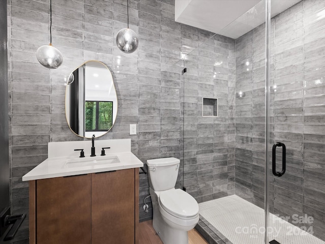 bathroom featuring tile walls, a shower with shower door, toilet, and vanity