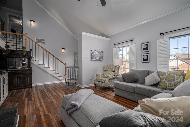 living room with ceiling fan, dark wood-type flooring, high vaulted ceiling, and ornamental molding