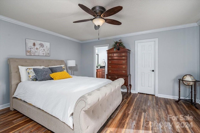 bedroom with crown molding, dark hardwood / wood-style floors, and ceiling fan