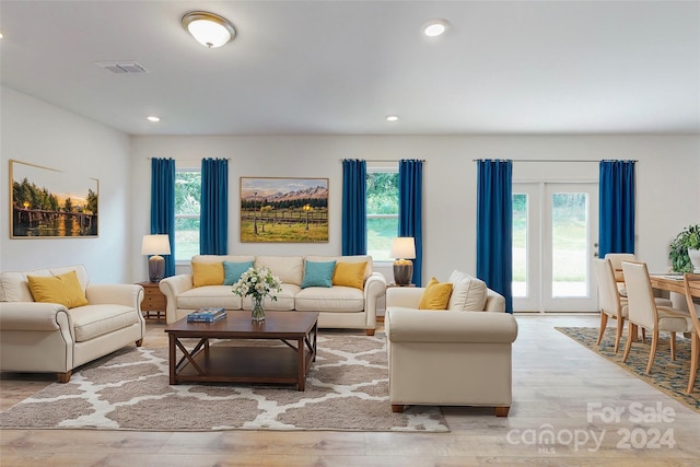 living room featuring light hardwood / wood-style floors and a wealth of natural light