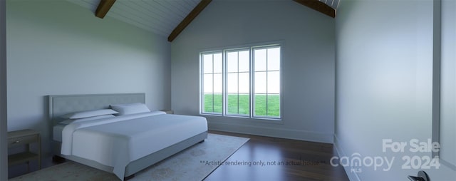 bedroom with high vaulted ceiling, wood-type flooring, and beamed ceiling