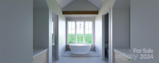 bathroom with an inviting chandelier, beam ceiling, tile floors, and a washtub