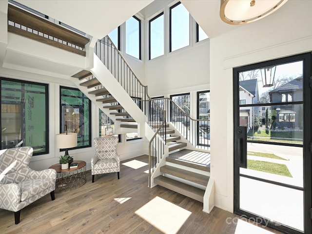 foyer entrance with a towering ceiling, a healthy amount of sunlight, and hardwood / wood-style floors