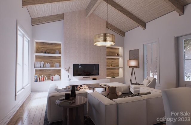 living room with built in features, beam ceiling, wood-type flooring, and a wealth of natural light