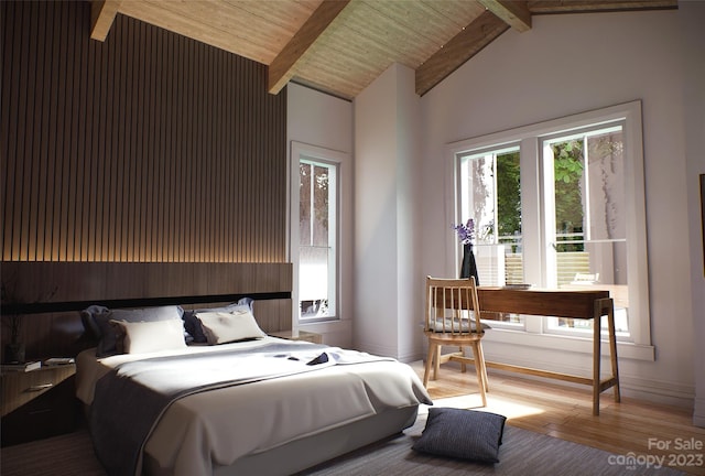 bedroom with wood-type flooring, high vaulted ceiling, wood ceiling, and beamed ceiling