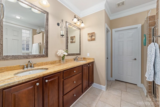 bathroom featuring dual bowl vanity, ornamental molding, and tile floors