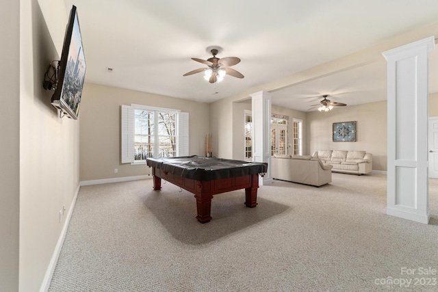 game room with light colored carpet, pool table, ceiling fan, and french doors