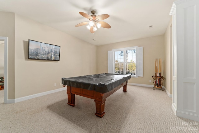 rec room featuring light carpet, billiards, and ceiling fan