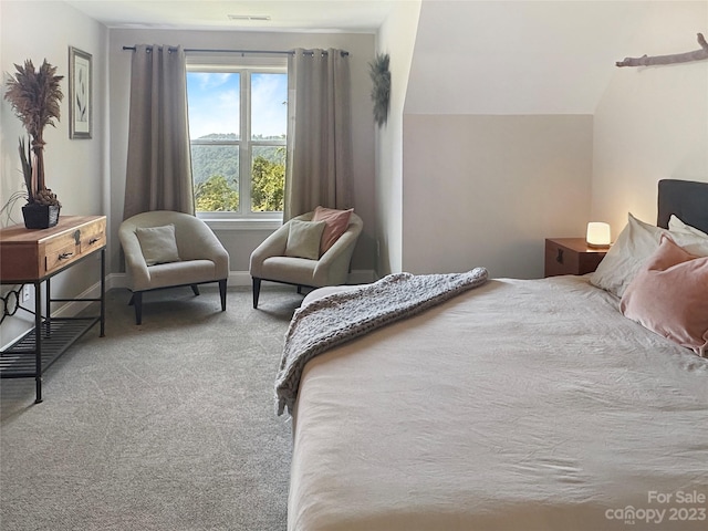 bedroom featuring light carpet and lofted ceiling