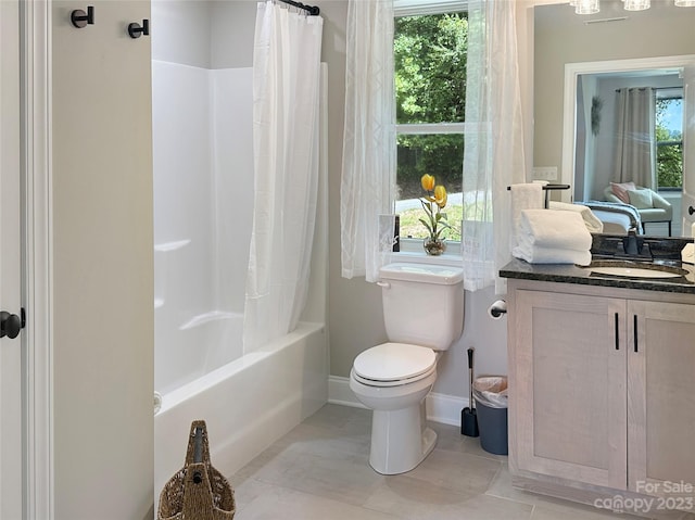 full bathroom with shower / tub combo, tile floors, toilet, and vanity