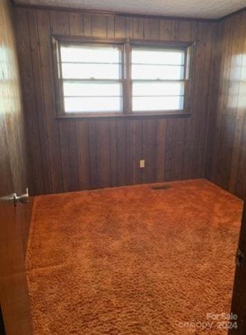 carpeted spare room featuring wood walls