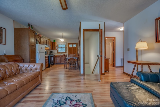 living room featuring a textured ceiling and light hardwood / wood-style flooring