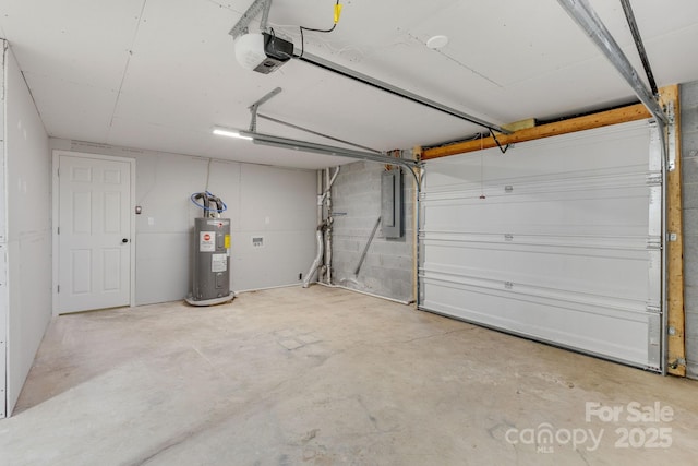 garage featuring a garage door opener, electric water heater, and electric panel