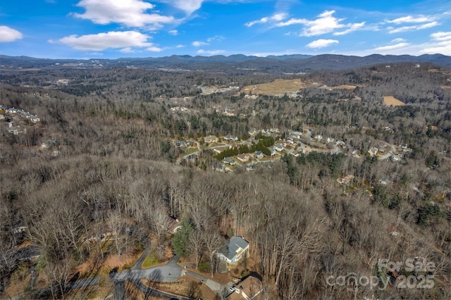 drone / aerial view featuring a mountain view