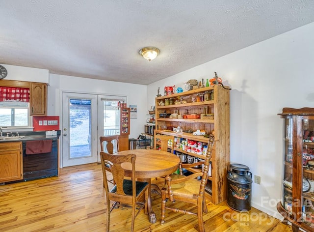 dining area with a healthy amount of sunlight, a textured ceiling, light wood-type flooring, and sink