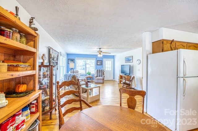 dining room featuring a textured ceiling, ceiling fan, and light hardwood / wood-style flooring