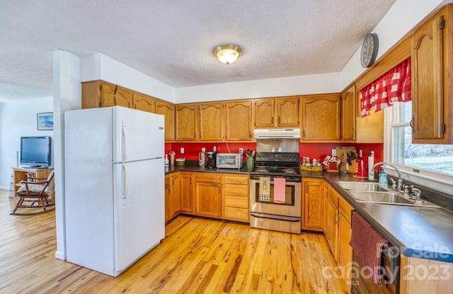 kitchen with light hardwood / wood-style floors, white fridge, sink, and stainless steel electric stove