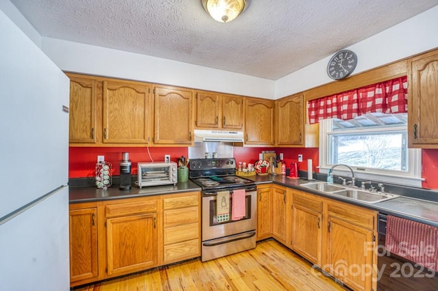 kitchen featuring white fridge, sink, light hardwood / wood-style flooring, dishwasher, and stainless steel electric stove