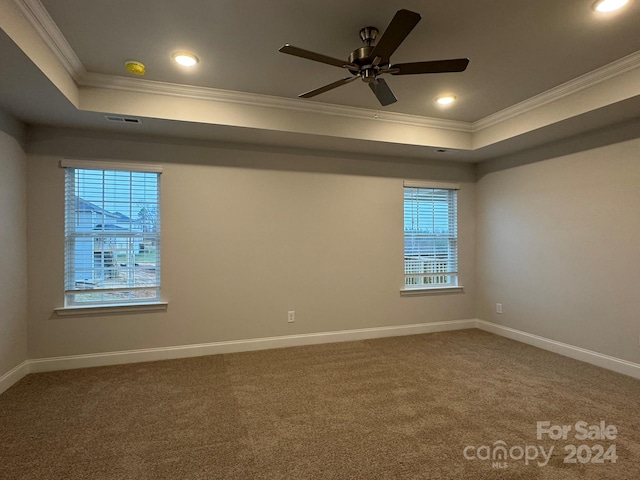 carpeted empty room featuring a raised ceiling, ceiling fan, and ornamental molding