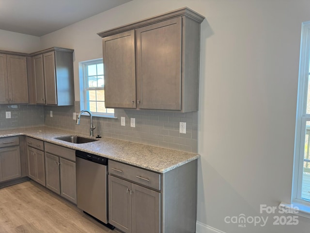 kitchen with backsplash, dishwasher, light wood-type flooring, and sink