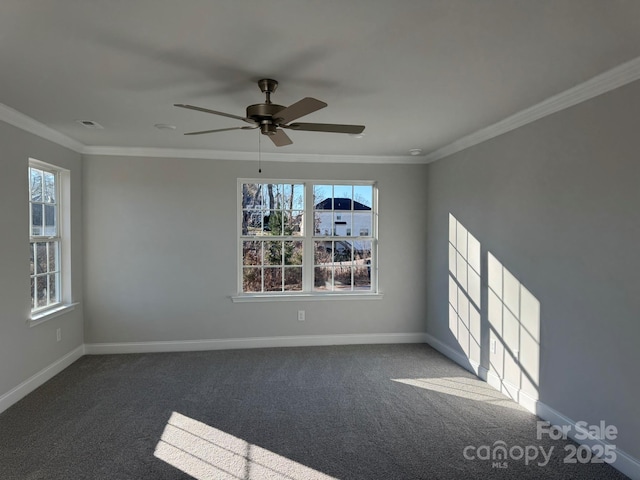 carpeted spare room featuring ceiling fan, plenty of natural light, and ornamental molding