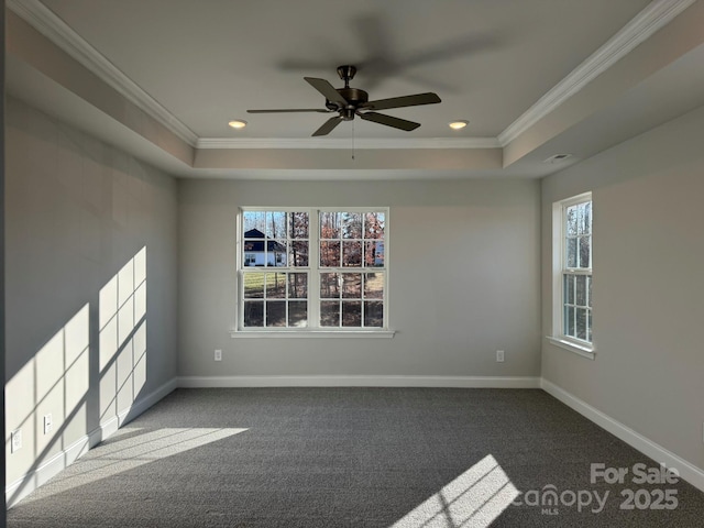 carpeted spare room featuring ceiling fan, a raised ceiling, and crown molding