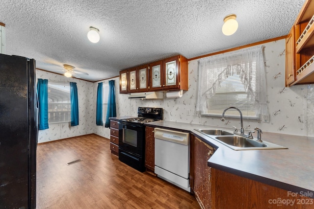 kitchen featuring ceiling fan, a textured ceiling, black appliances, dark hardwood / wood-style flooring, and sink