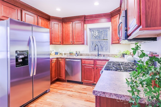 kitchen with sink, light hardwood / wood-style flooring, and stainless steel appliances