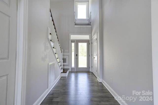 foyer with dark hardwood / wood-style floors and a high ceiling