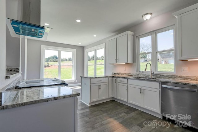 kitchen featuring light stone counters, white cabinets, sink, dark hardwood / wood-style flooring, and stainless steel dishwasher