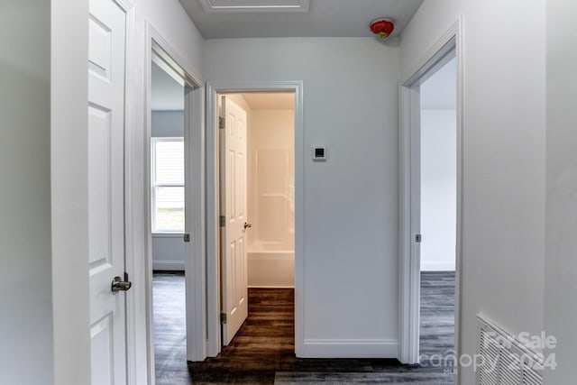 hallway with dark wood-type flooring