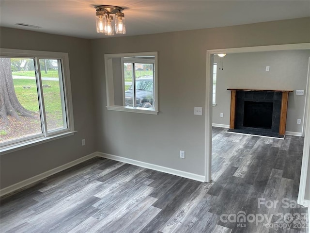 unfurnished room featuring a wealth of natural light and dark wood-type flooring