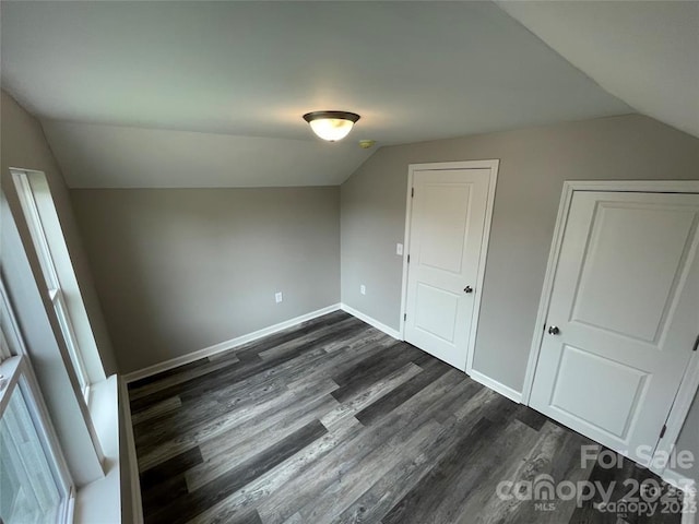 interior space featuring lofted ceiling and dark hardwood / wood-style flooring