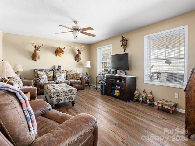 living room featuring ceiling fan, light wood-type flooring, and plenty of natural light