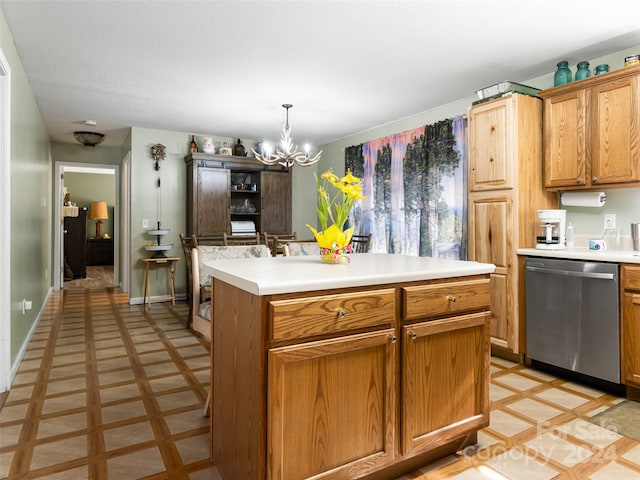 kitchen with decorative light fixtures, a notable chandelier, light tile floors, a center island, and dishwasher