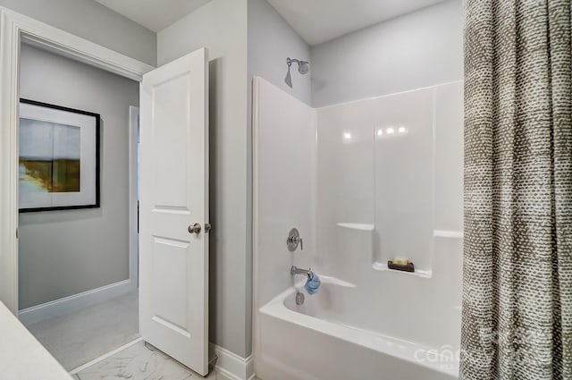 bathroom featuring shower / tub combo with curtain and tile floors