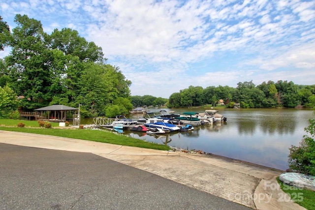 exterior space with a dock and a water view