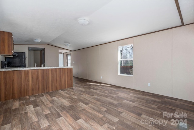 kitchen with black refrigerator, kitchen peninsula, lofted ceiling, light stone countertops, and dark hardwood / wood-style flooring