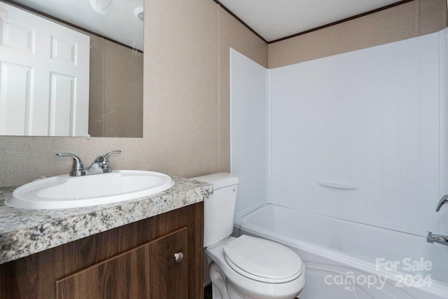 full bathroom with a textured ceiling, toilet, bathing tub / shower combination, and vanity